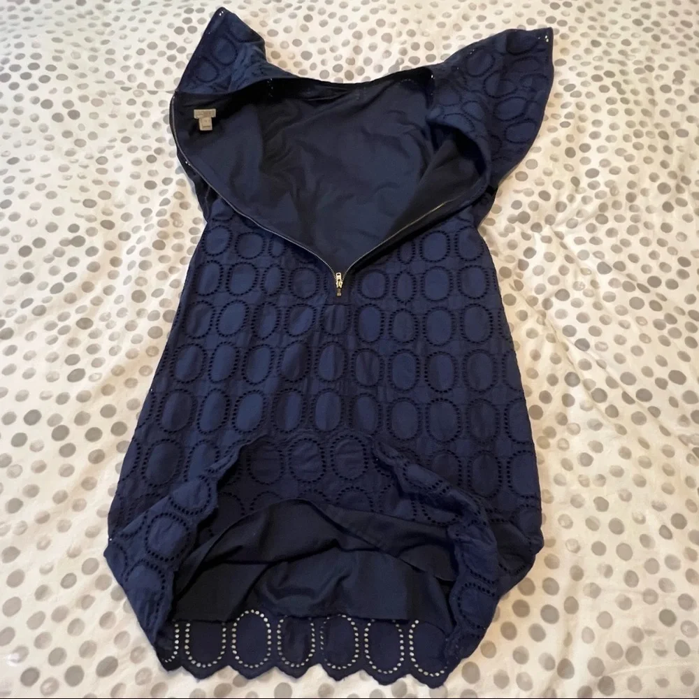 J. Crew Factory Scalloped Eyelet Navy Blue Shift Dress With Flutter Sleeve Sz 2